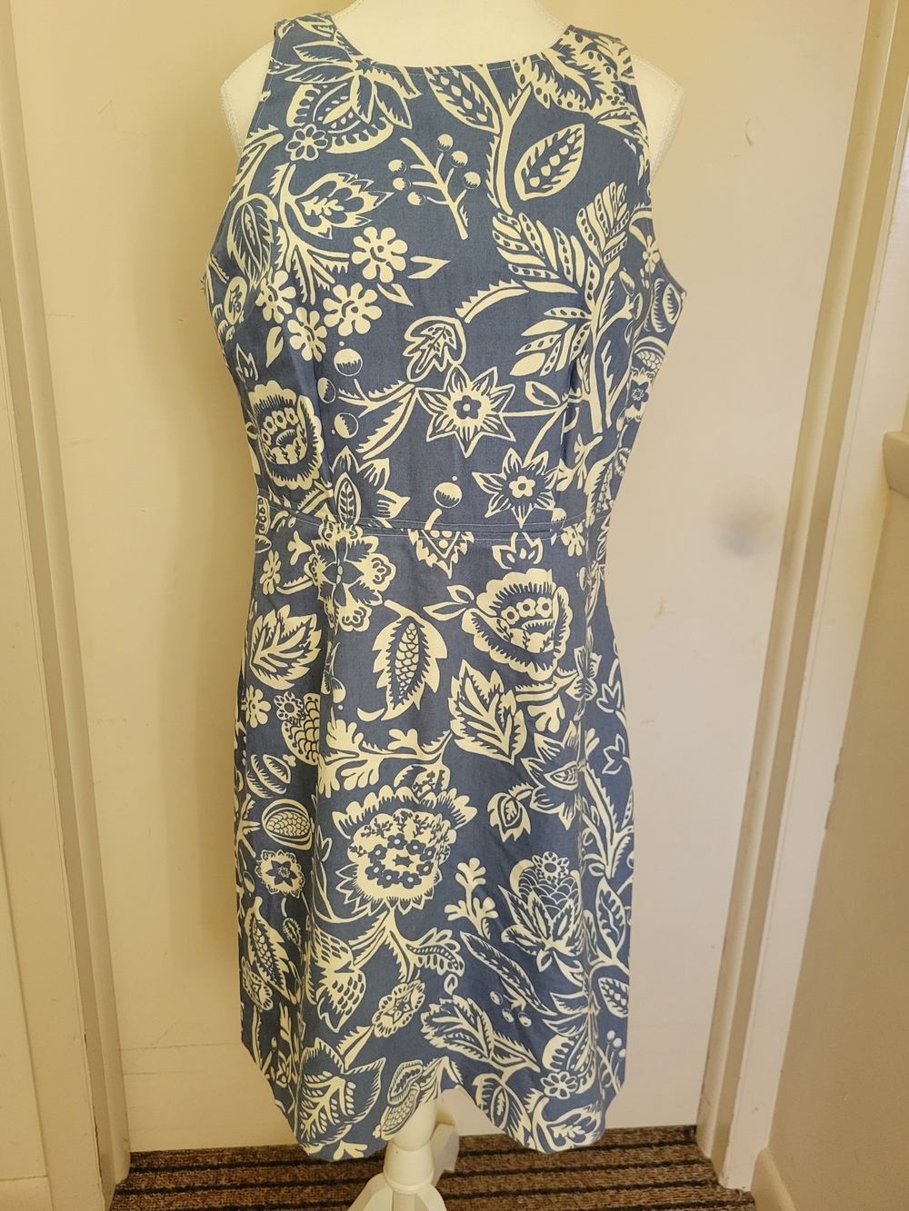 Fjall Sleeveless Blue Floral-Print Pencil Dress Thick Cotton Size 8 Elegant